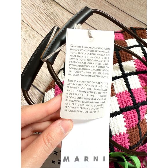 NWT Marni Market handbag in cotton knit with diamond pattern in Pink Crochet - Picture 12 of 16